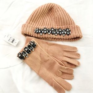 Ann Taylor pink embellished beanie & matching gloves, NWT, coral pink